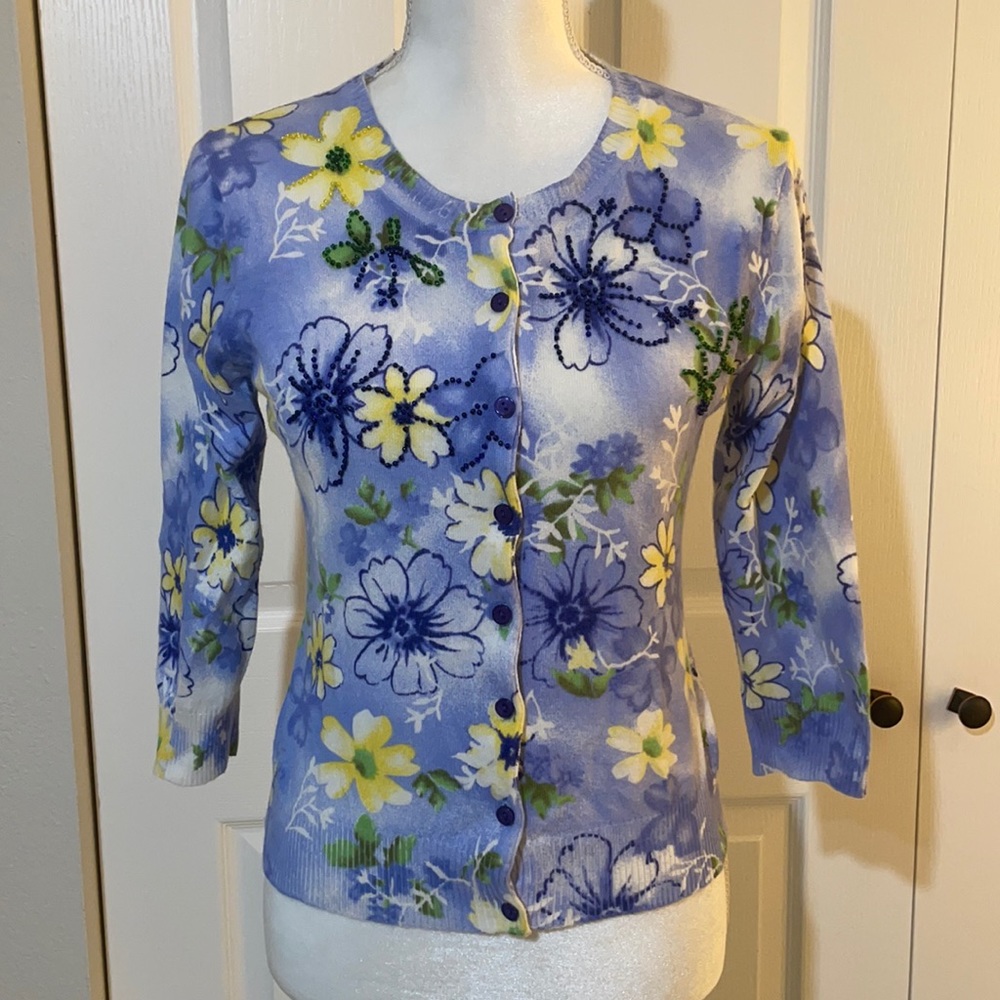 Bay Studio Career Petite PS Blue/Yellow/Green Sweater  Beaded Detail Cardigan